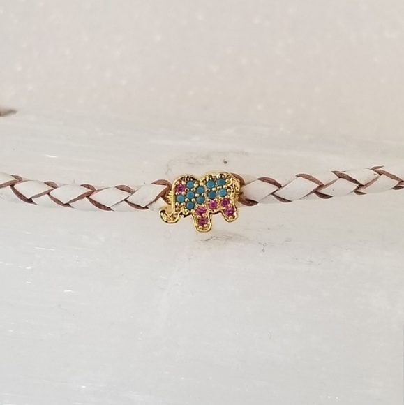 White Braided Leather 🐘 Charm Choker Necklace - Picture 3 of 4